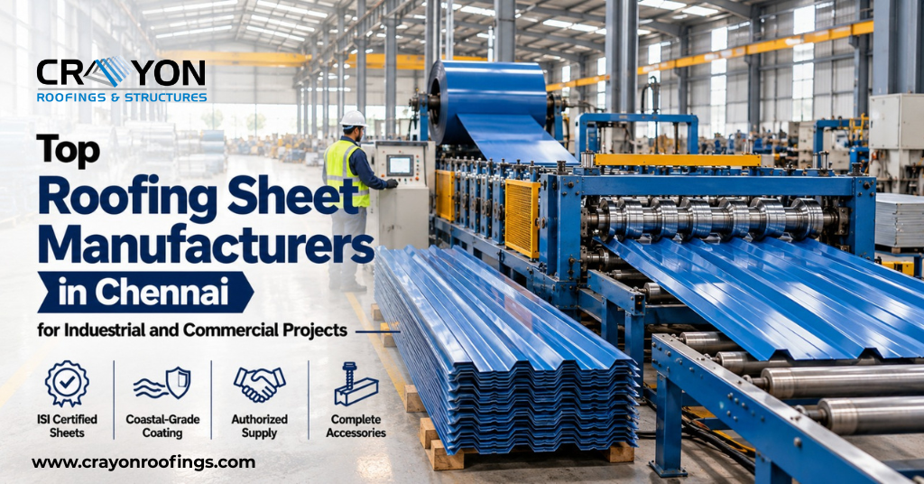 Roofing sheets in Chennai being formed on a roll forming line for industrial and commercial projects